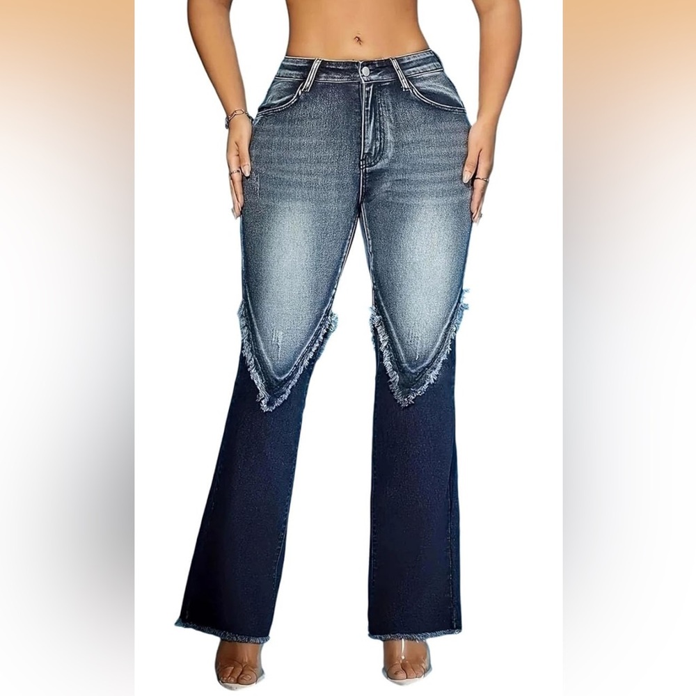 NWT Women’s Mid-Rise Slightly Flared Jeans Splicing Tassel Detail Casual Denim M